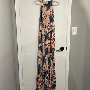 high neck pink floral maxi dress